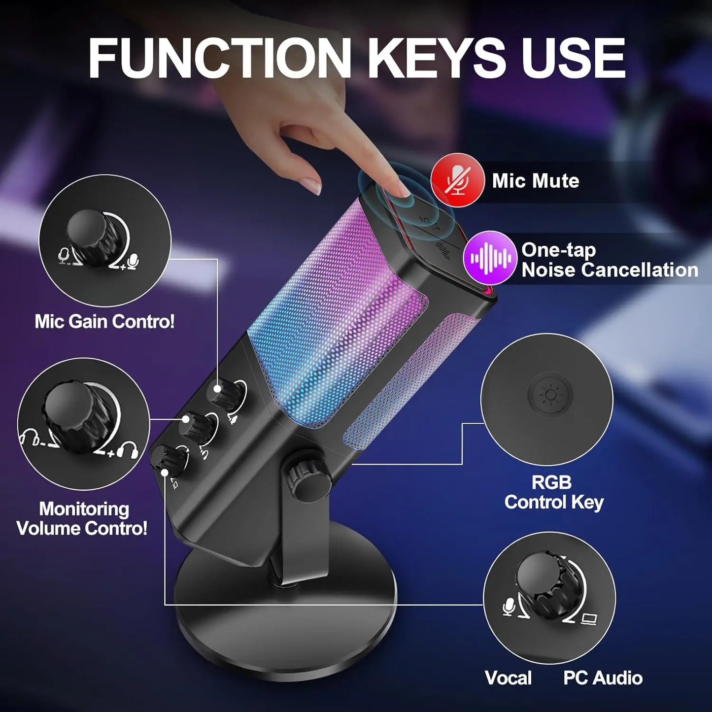 RGB Gaming Microphone with Game Voice Balance&Noise Cancellation, Studio USB Computer Condenser Mic for Streaming/Recording/Disc