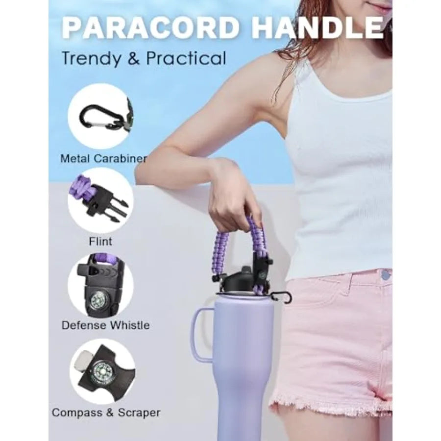 40 OZ Insulated Water Bottle with Paracord Handle Fits Car Cup Holder Blue Tumbler with Straw Spout Lids Keeps Cold 48h Hot 24h