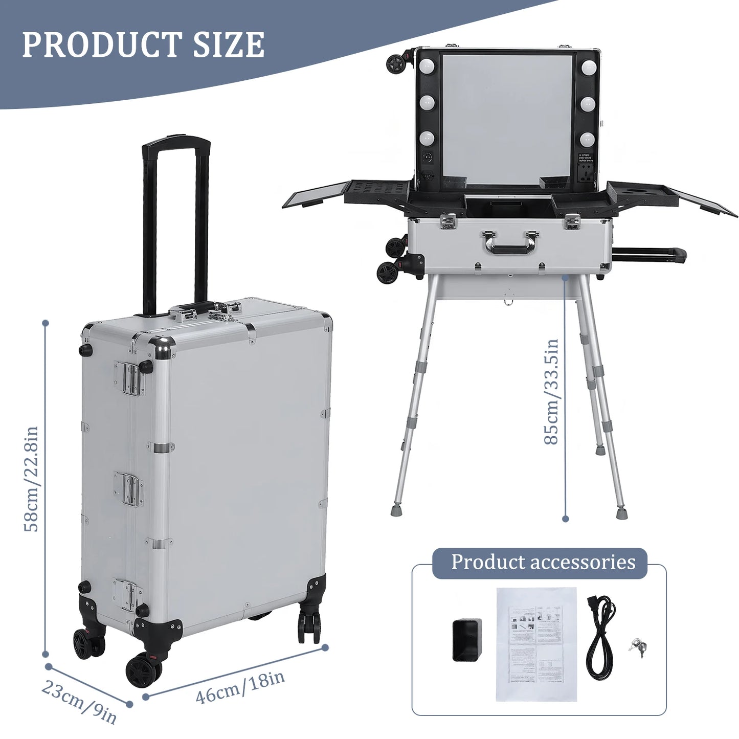 Rolling Professional Makeup Organizer Case With Mirror Lights And Wheels