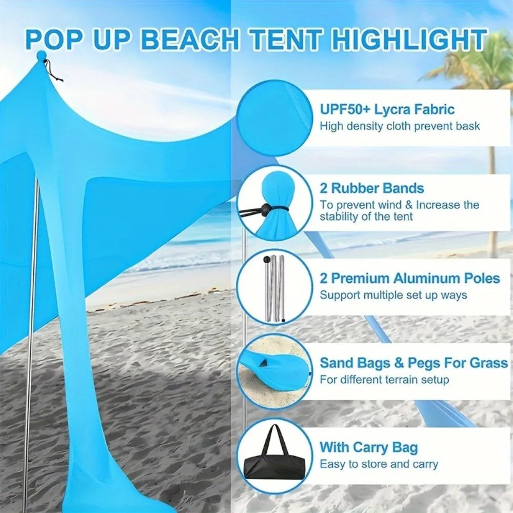 Pop-up beach tent Sunshade UPF50+ with ground nails and stabilizer poles, outdoor sunshade tent for camping trips, fishing, back
