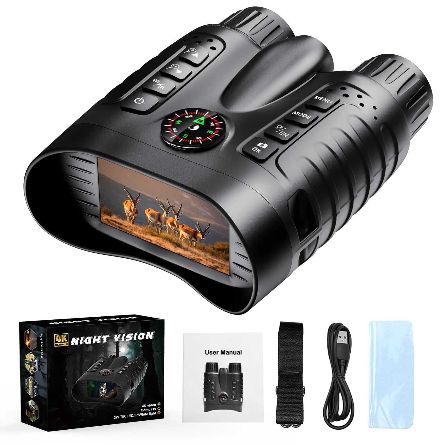 4K Night Vision Binoculars 8X Digital Zoom 4500mAh with Compass & Flashlight 3.2” Screen Goggles for Home Decoration