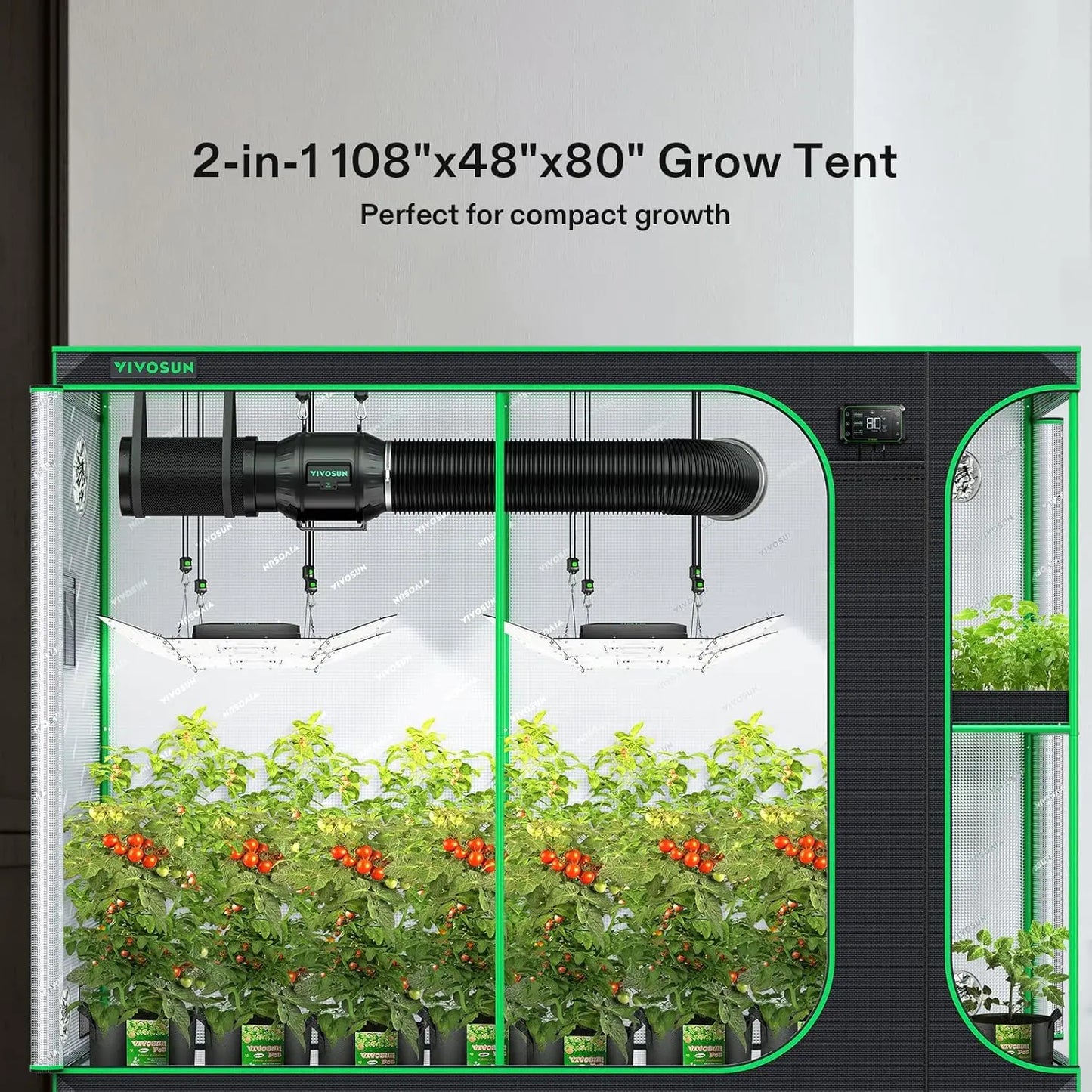 D948 2-in-1 9x4 Grow Tent, 108"x48"x80" High Reflective Mylar with Multi-Chamber and Floor Tray for Hydroponic Indoor Plant