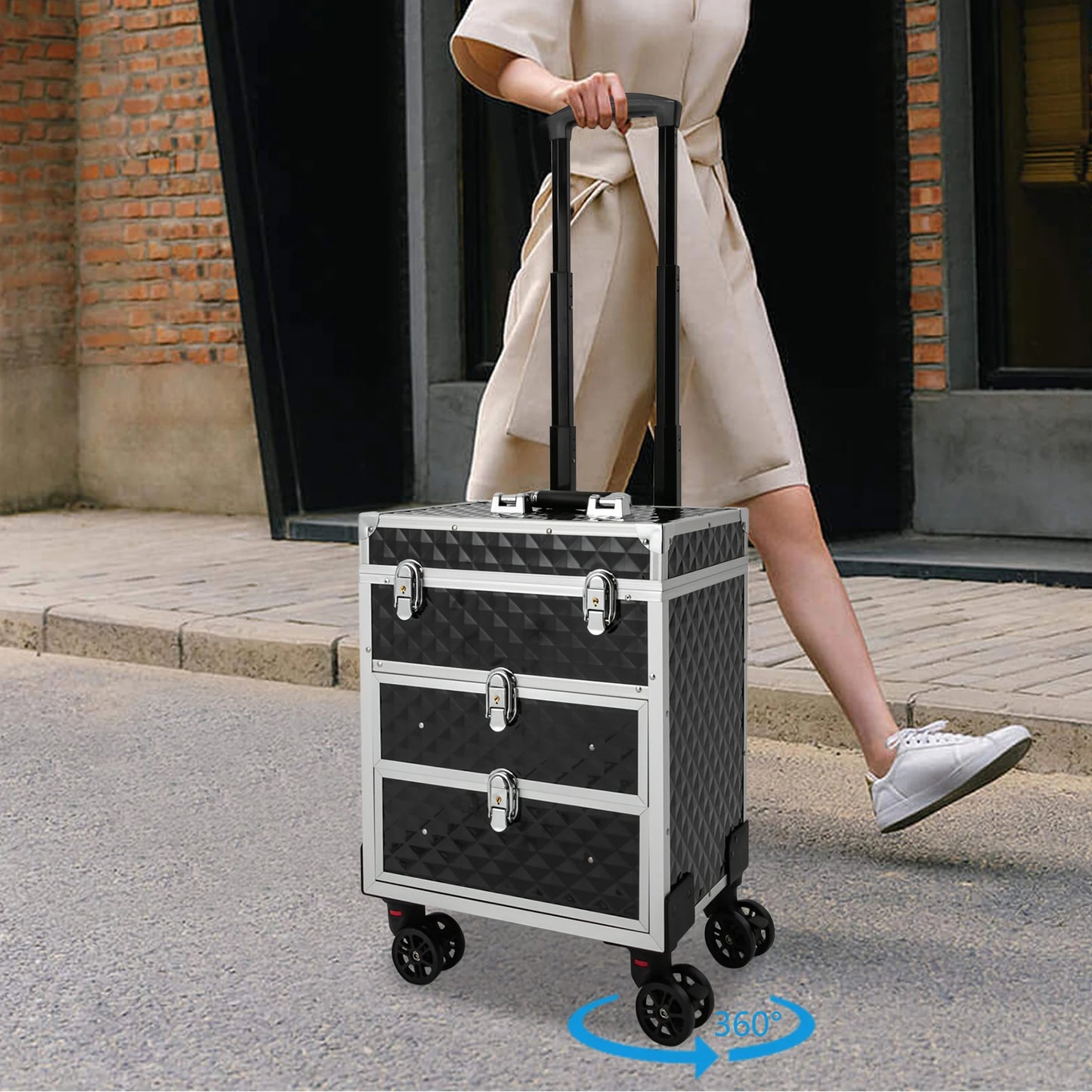 NONECN Cosmetic Organizer Rolling Makeup Case With Sliding Drawers