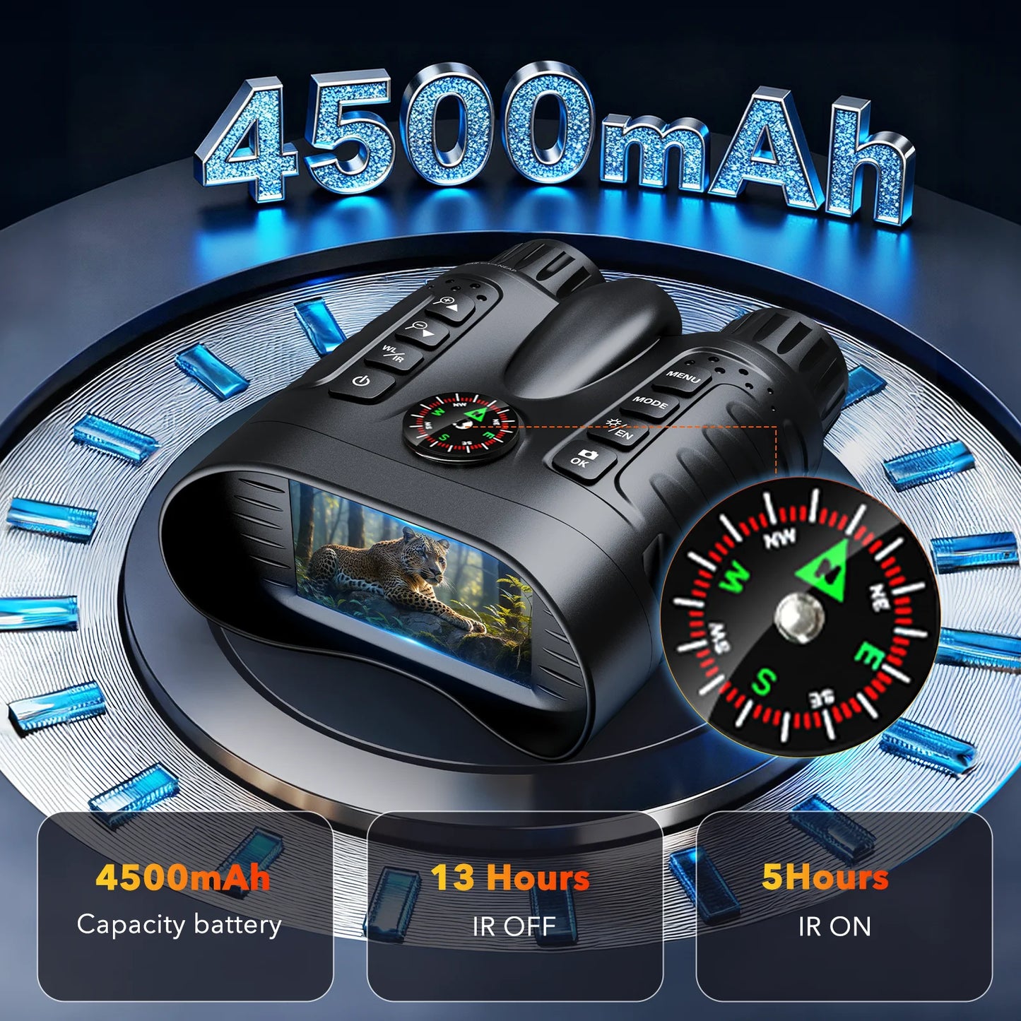 4K Night Vision Binoculars 8X Digital Zoom 4500mAh with Compass & Flashlight 3.2” Screen Goggles for Home Decoration