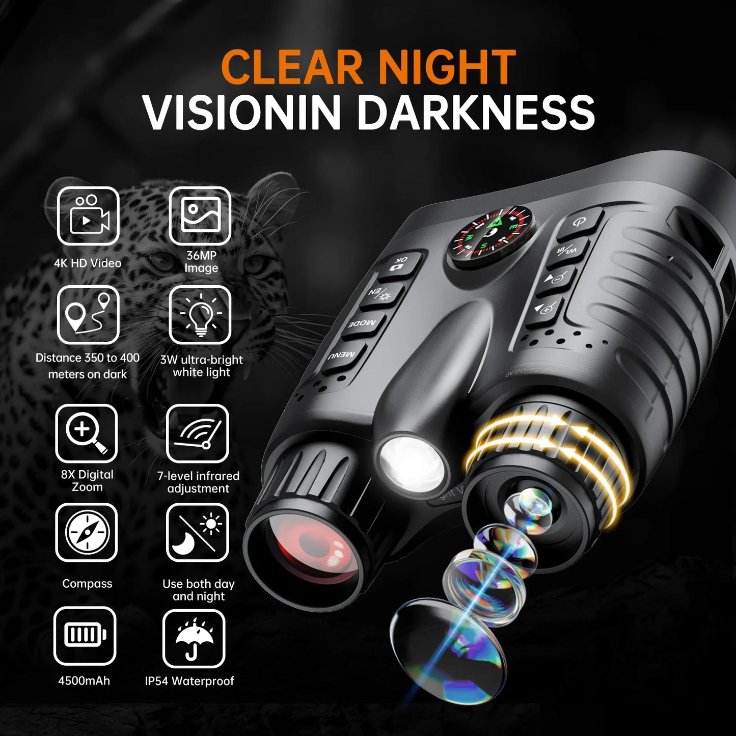 4K Night Vision Binoculars 8X Digital Zoom 4500mAh with Compass & Flashlight 3.2” Screen Goggles for Home Decoration