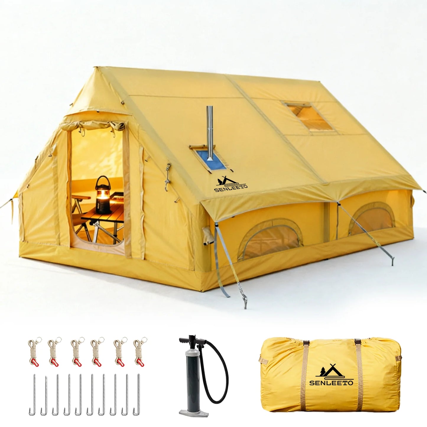 Easy Setup 129 Sq Ft Inflatable Camping Tent Waterproof Oxford Air Tent House with Pump 4 Season Family Glamping Tent