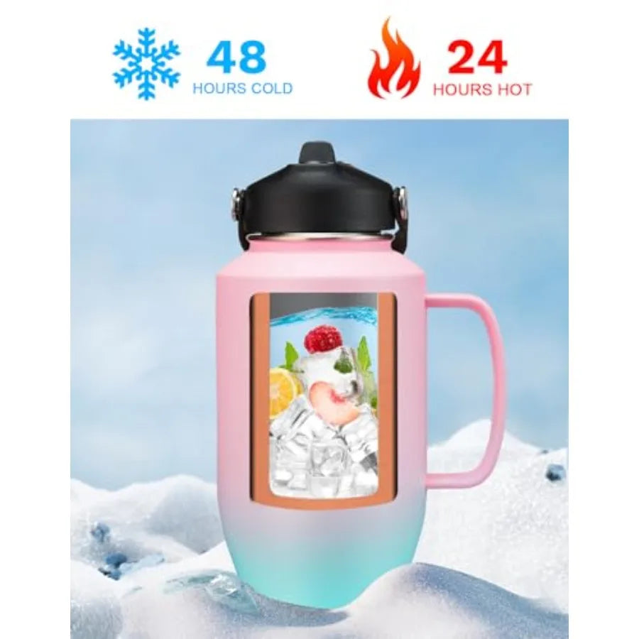 40 OZ Insulated Water Bottle with Paracord Handle Fits Car Cup Holder Blue Tumbler with Straw Spout Lids Keeps Cold 48h Hot 24h