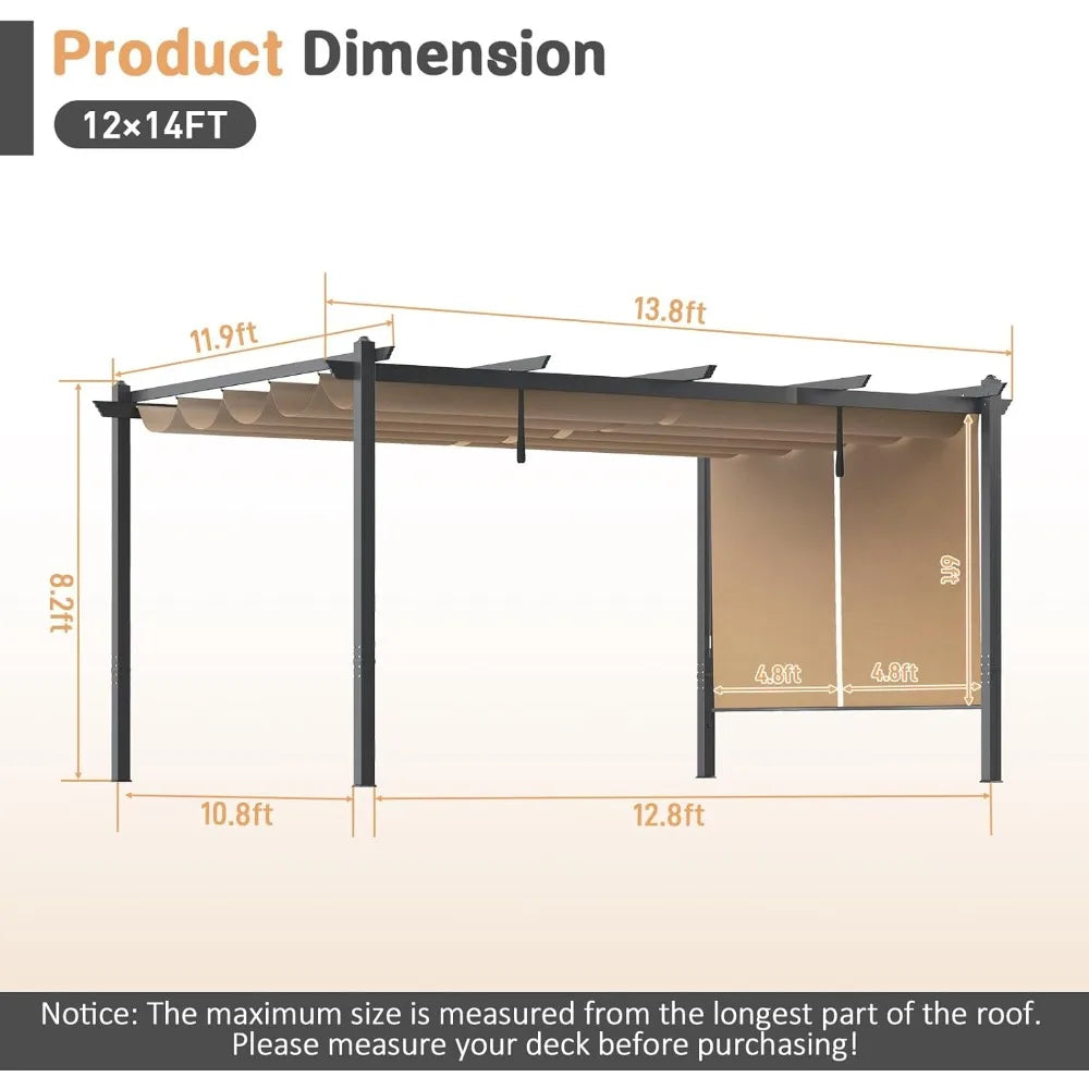 12 x 14 Ft Outdoor Aluminum Pergola, Retractable Canopy & 1 Side Shade for Patio Backyard Garden Deck