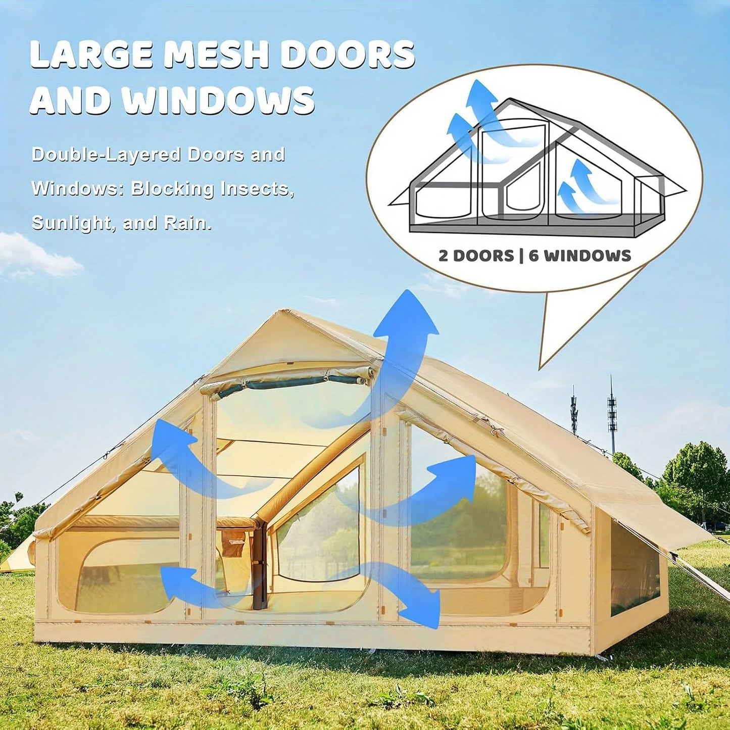 Inflatable Camping Tent 1-6 Person, Large Inflatable Camping Tent with Stove Jack, with Skylight and Double Doors, Outdoor Tent