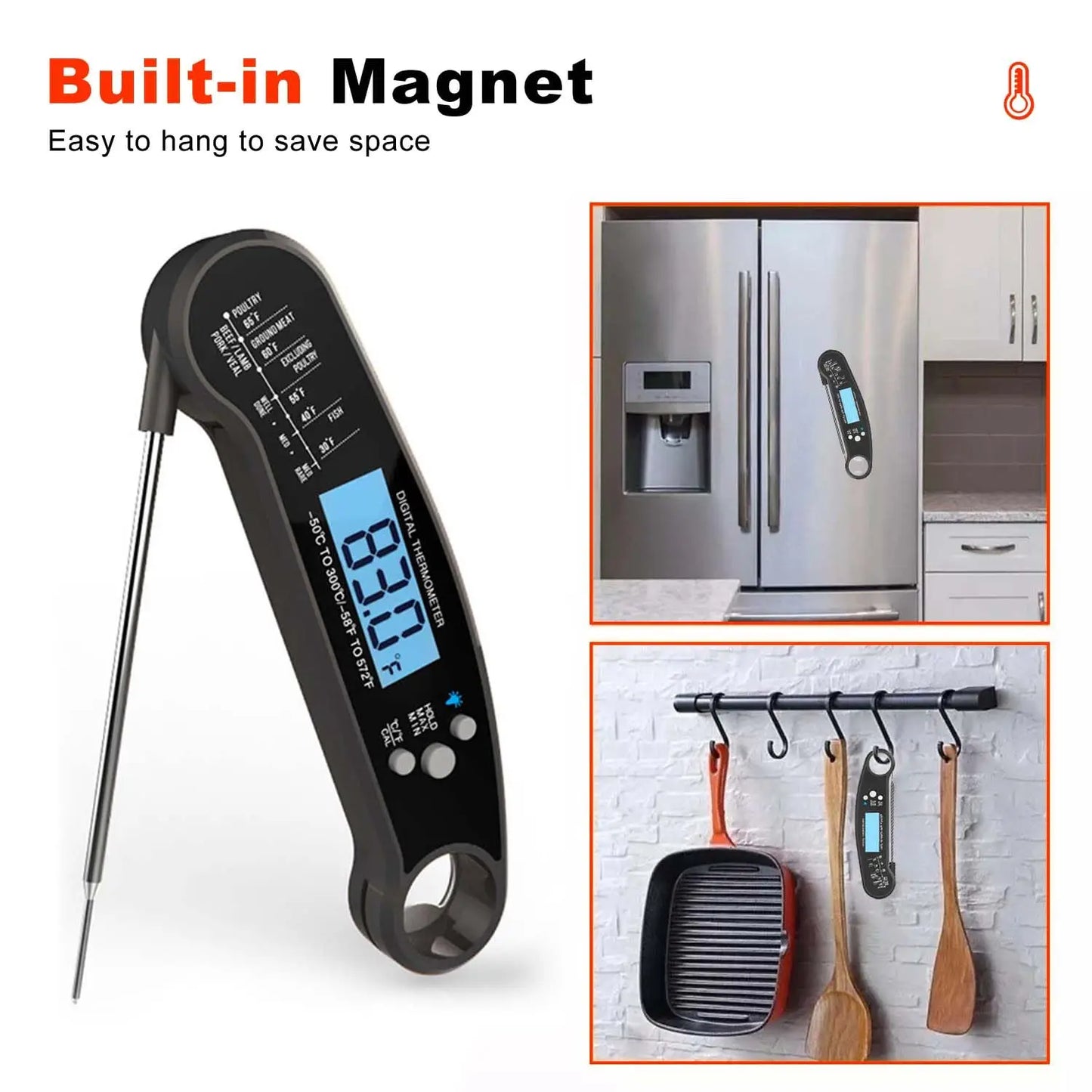 Digital Instant Read Food Thermometer Backlight LCD Display Calibration Function Built-in Bottle Opener for Grilling BBQ Turkey