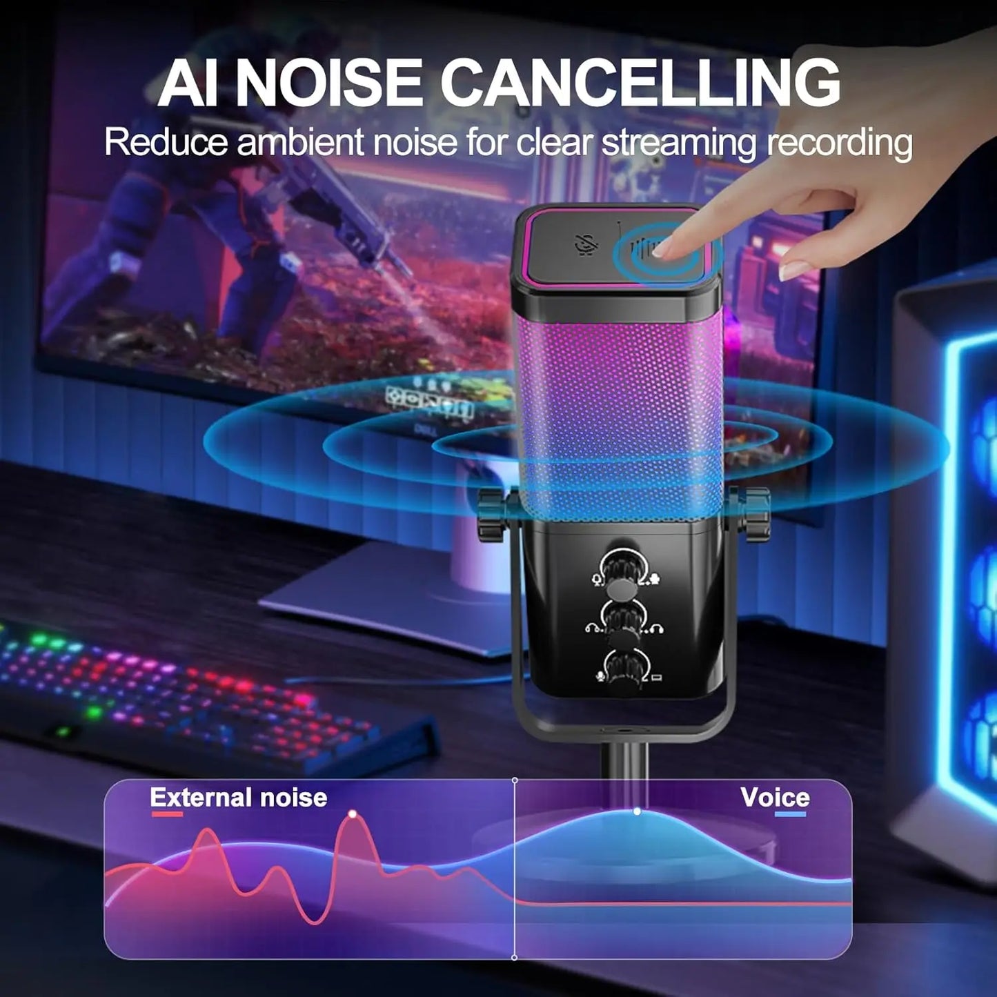RGB Gaming Microphone with Game Voice Balance&Noise Cancellation, Studio USB Computer Condenser Mic for Streaming/Recording/Disc