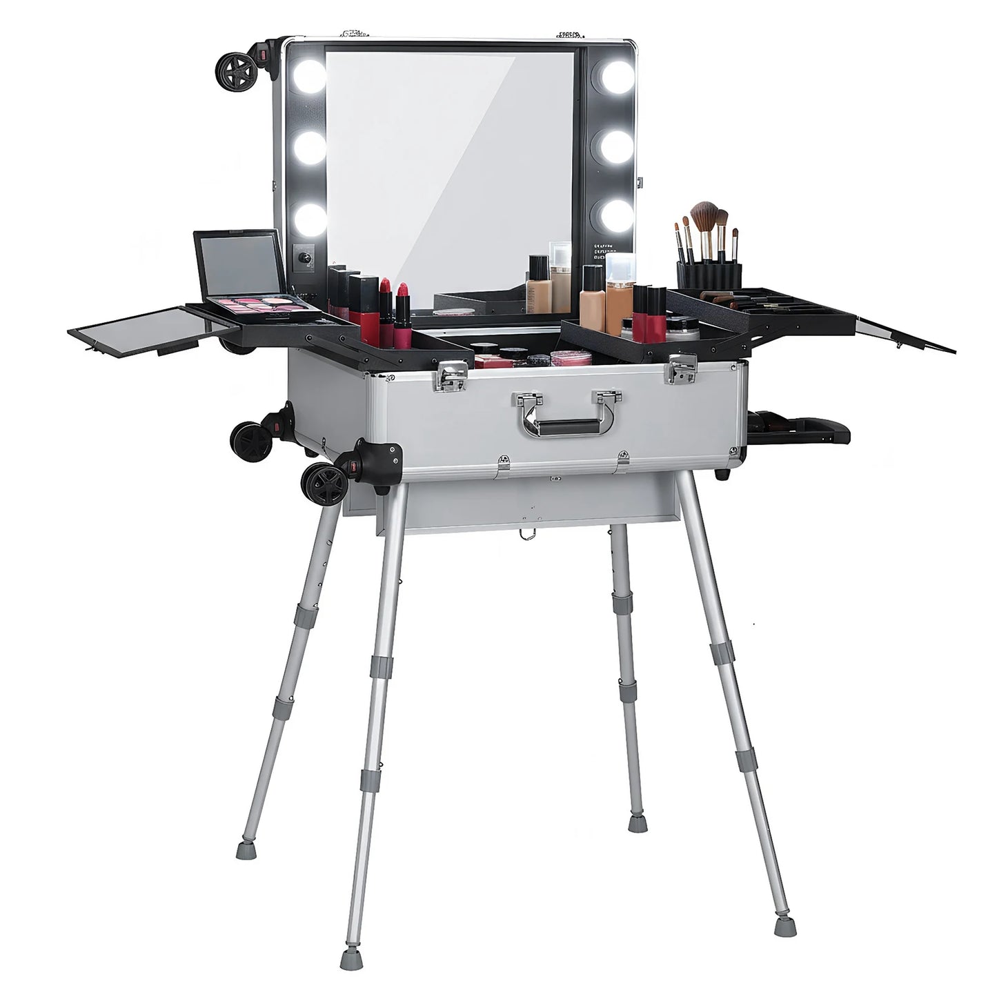 Rolling Professional Makeup Organizer Case With Mirror Lights And Wheels