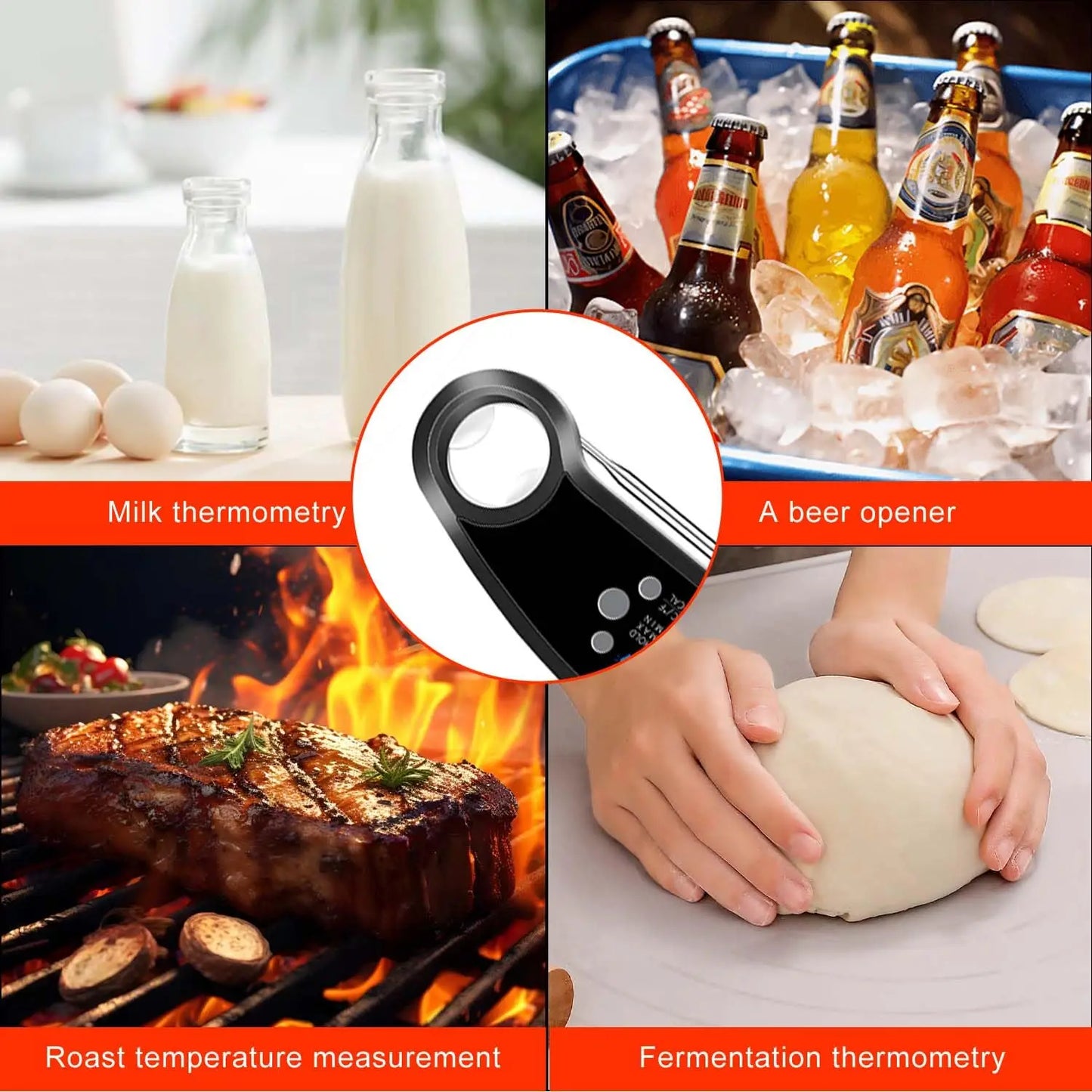 Digital Instant Read Food Thermometer Backlight LCD Display Calibration Function Built-in Bottle Opener for Grilling BBQ Turkey