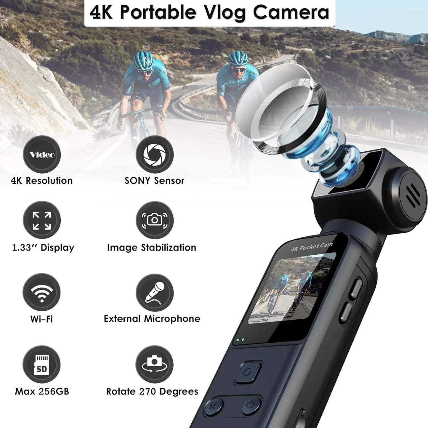 4K Body Camera with External Mic, 270° Rotatable Mini Video Cam for Outdoor Sports, Travel, and Law Enforcement, Includes 64GB