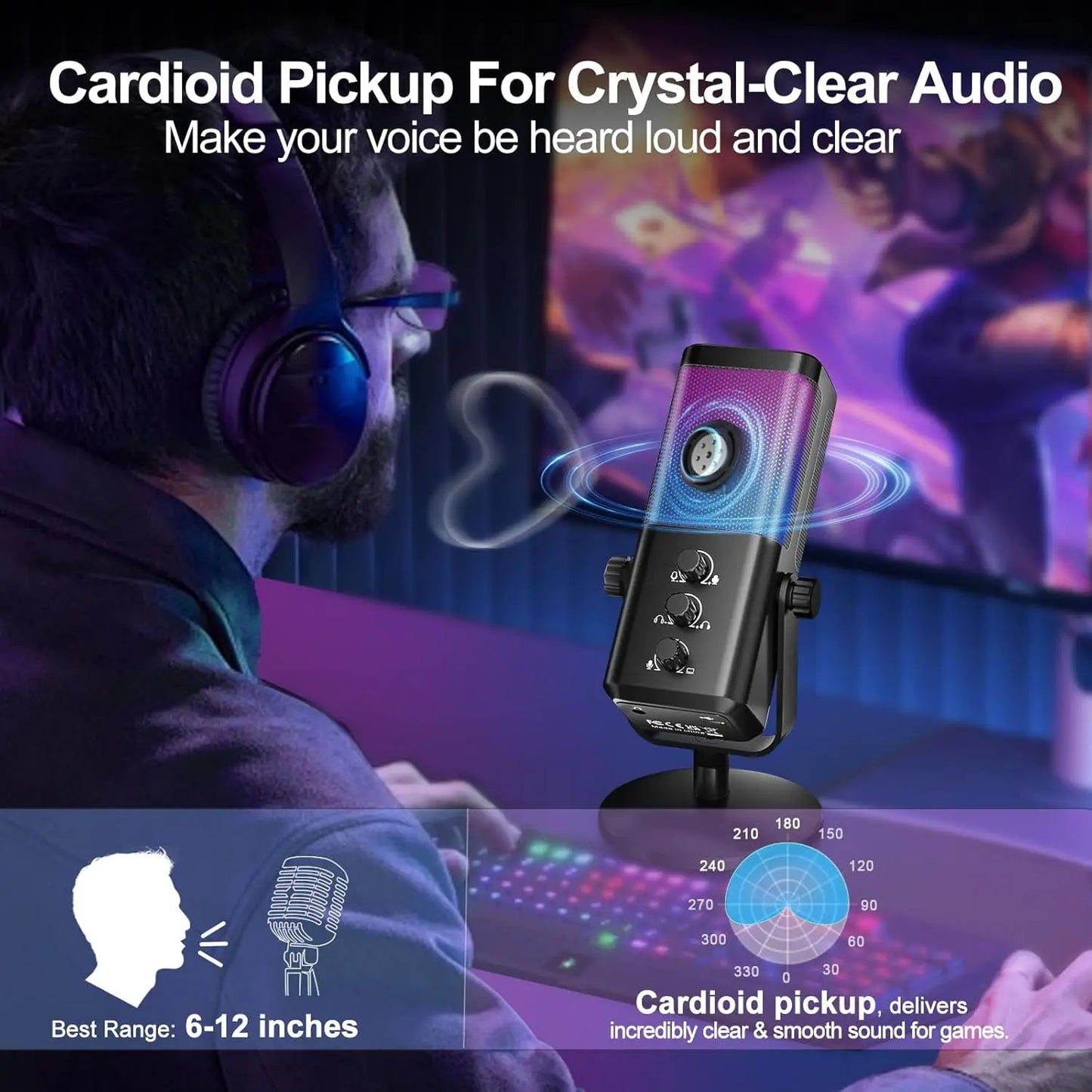RGB Gaming Microphone with Game Voice Balance&Noise Cancellation, Studio USB Computer Condenser Mic for Streaming/Recording/Disc