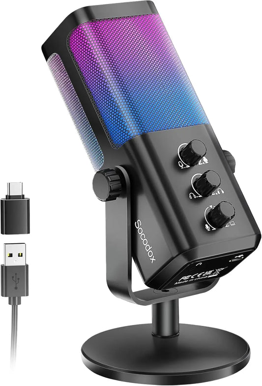 RGB Gaming Microphone with Game Voice Balance&Noise Cancellation, Studio USB Computer Condenser Mic for Streaming/Recording/Disc