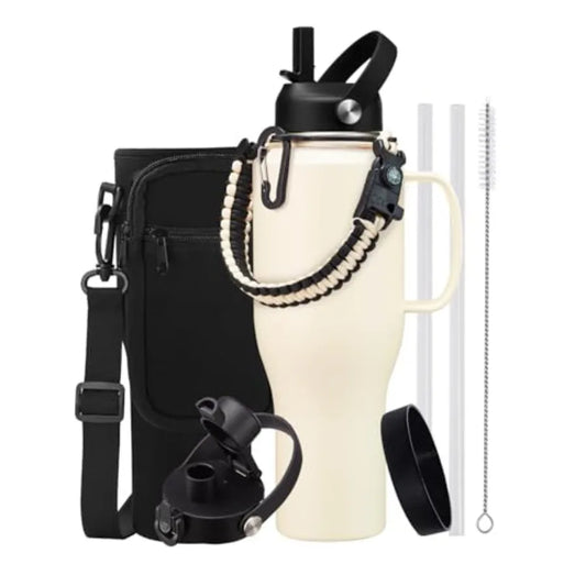 40 OZ Insulated Water Bottle with Paracord Handle Fits Car Cup Holder Blue Tumbler with Straw Spout Lids Keeps Cold 48h Hot 24h