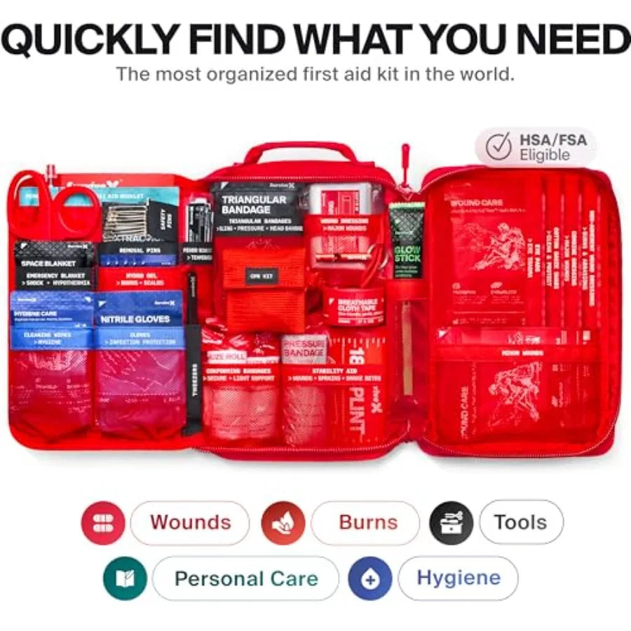 Large First Aid Kit for Car Travel Home - Emergency Kit for Hiking Camping Backpacking and Outdoors - Includes Zip Stitch Wound