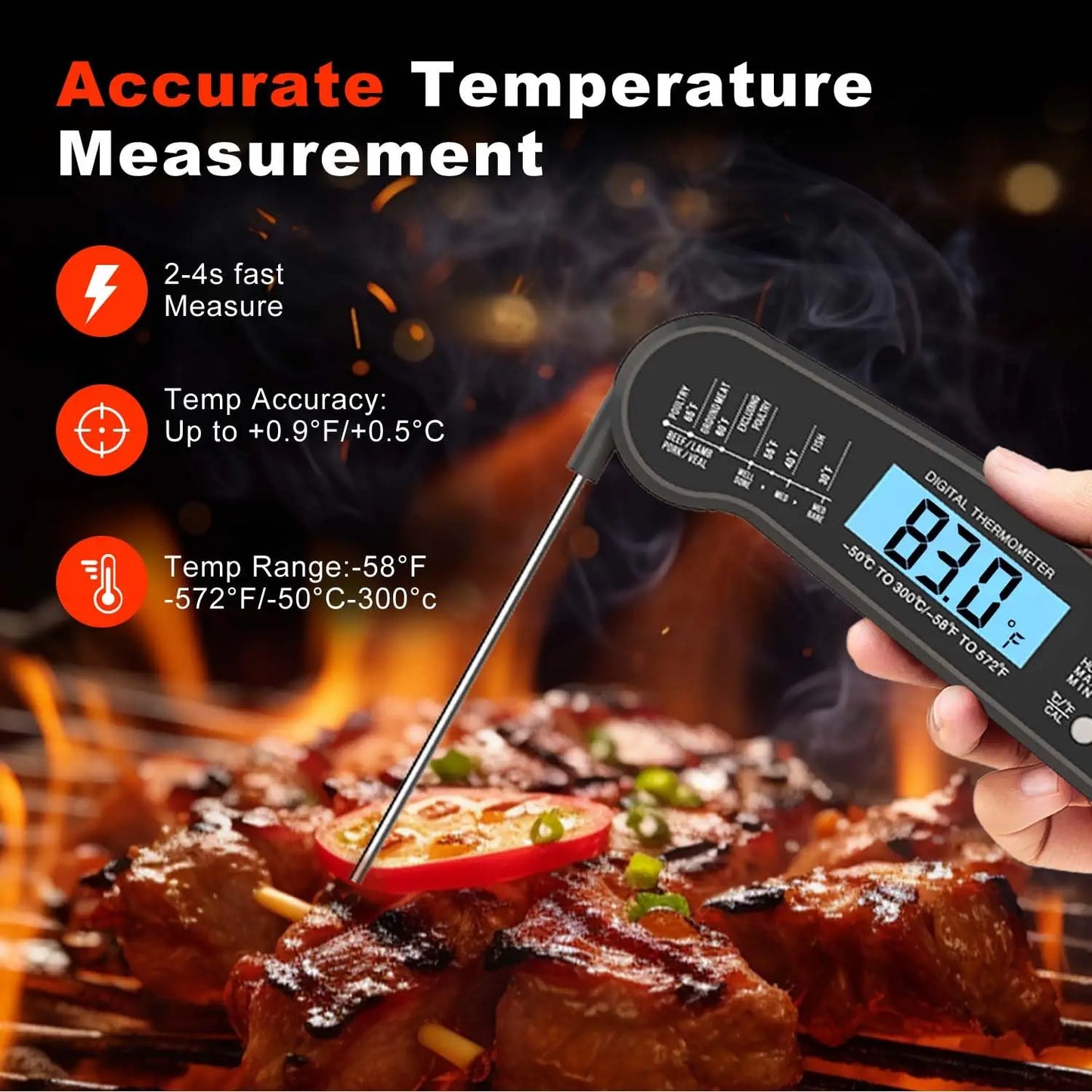 Digital Instant Read Food Thermometer Backlight LCD Display Calibration Function Built-in Bottle Opener for Grilling BBQ Turkey