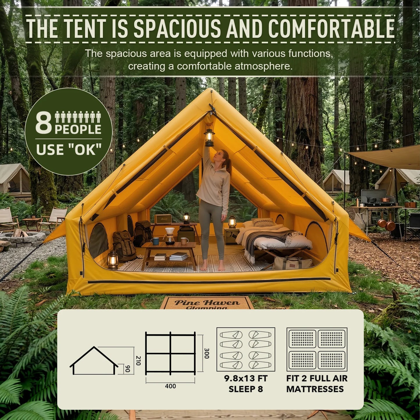 Easy Setup 129 Sq Ft Inflatable Camping Tent Waterproof Oxford Air Tent House with Pump 4 Season Family Glamping Tent