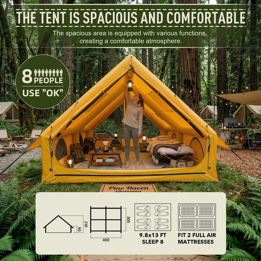 Easy Setup 129 Sq Ft Inflatable Camping Tent Waterproof Oxford Air Tent House with Pump 4 Season Family Glamping Tent