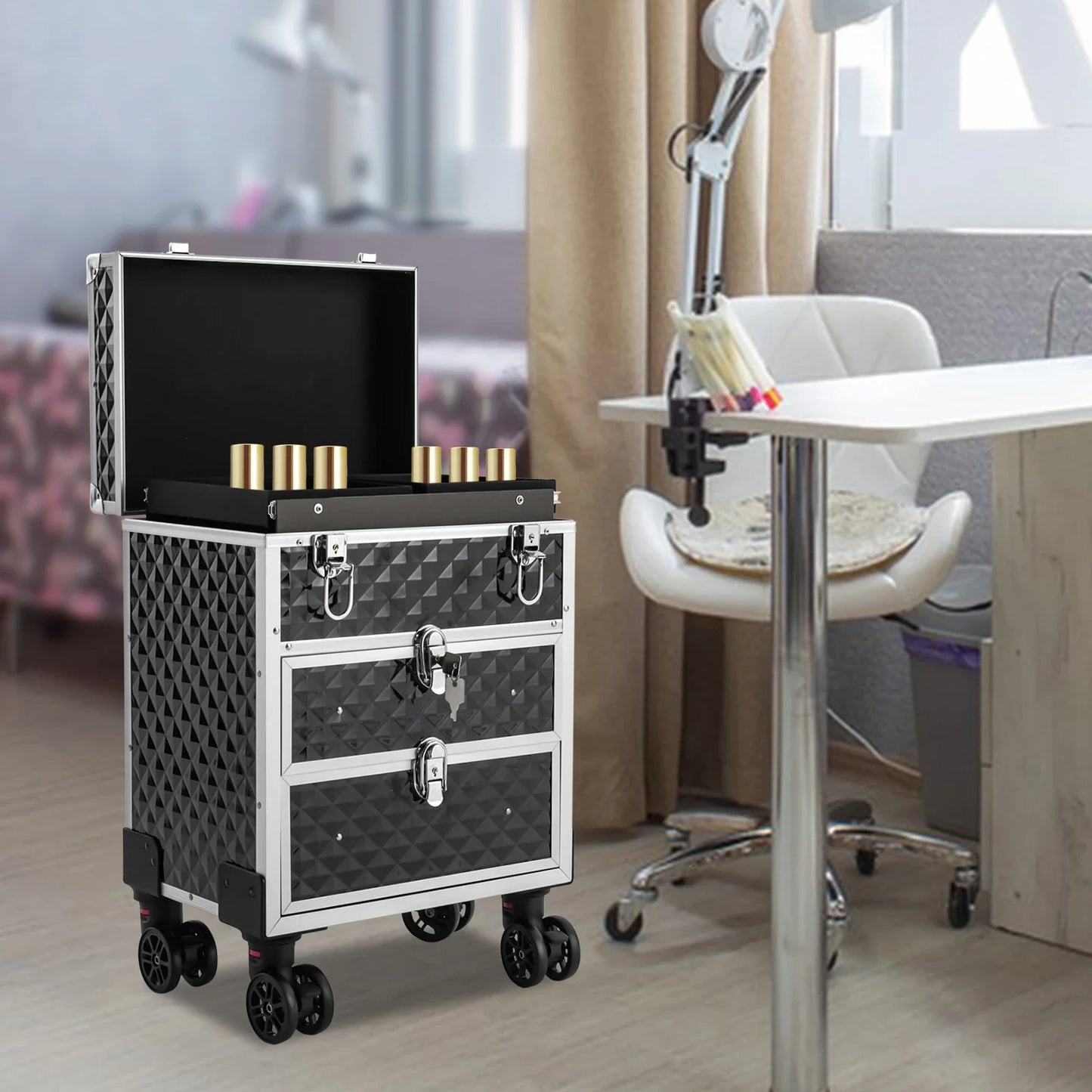 NONECN Cosmetic Organizer Rolling Makeup Case With Sliding Drawers