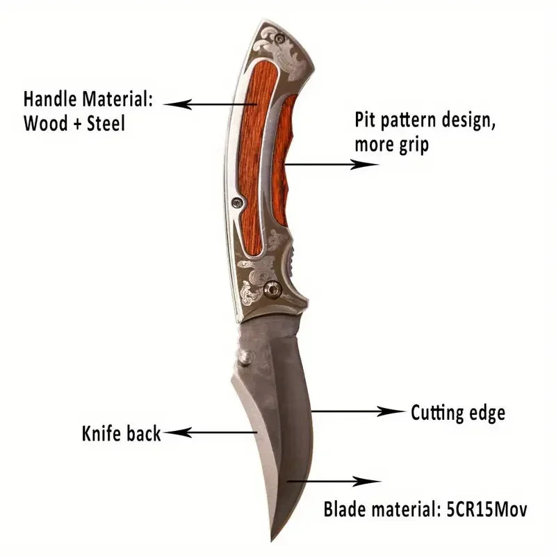 Doom Blade Hunting Folding Knife 5Cr15Mov Stainless Steel Wooden Handle