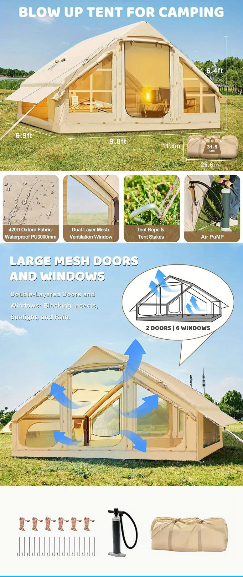 Inflatable Camping Tent 1-6 Person, Large Inflatable Camping Tent with Stove Jack, with Skylight and Double Doors, Outdoor Tent