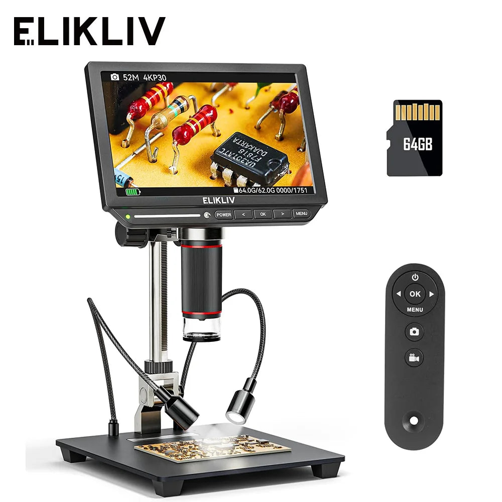 Elikliv EM4K 4K HDMI Digital Microscope for Electronics 8" 2000X Soldering Microscope for PCB Inspection Repair with 10" Stand