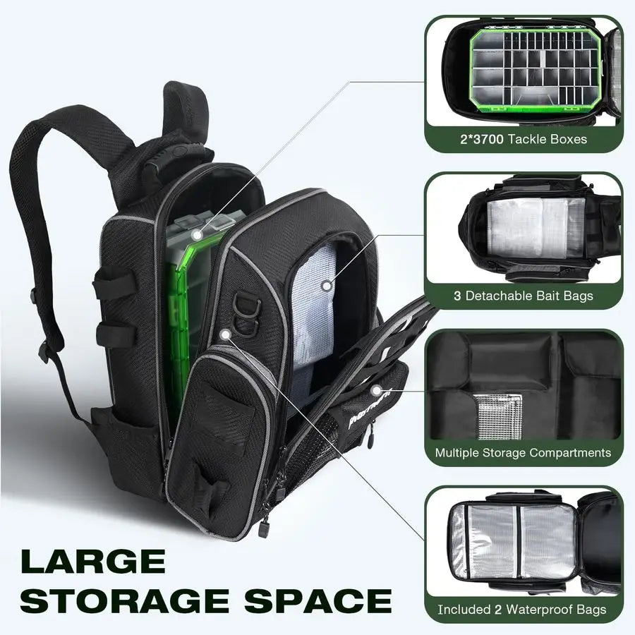 Fishing Backpack 2 3700 Tackle Boxes 40L Waterproof Tackle Backpack with Rod Holders Large Outdoor Storage Tackle Bag for Fishin