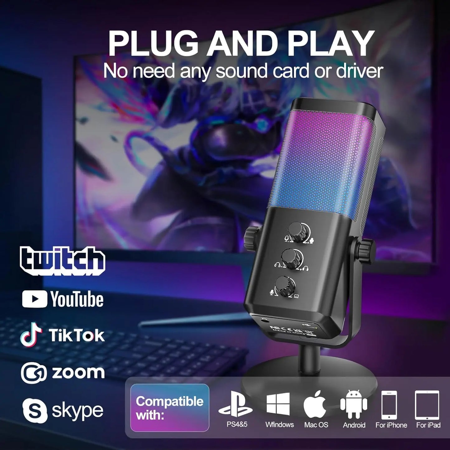 RGB Gaming Microphone with Game Voice Balance&Noise Cancellation, Studio USB Computer Condenser Mic for Streaming/Recording/Disc