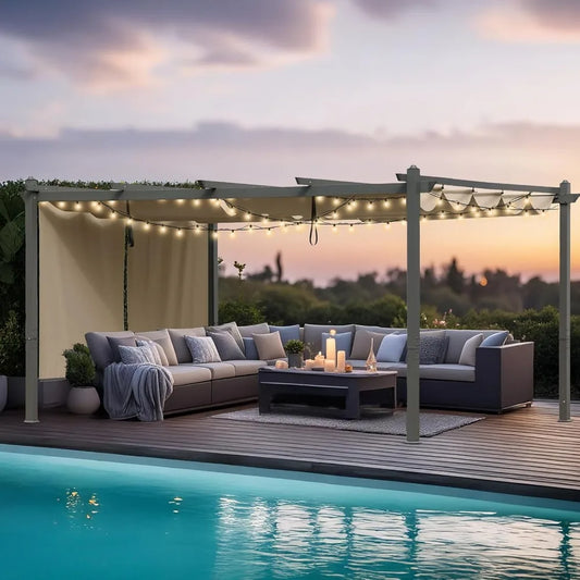 12 x 14 Ft Outdoor Aluminum Pergola, Retractable Canopy & 1 Side Shade for Patio Backyard Garden Deck