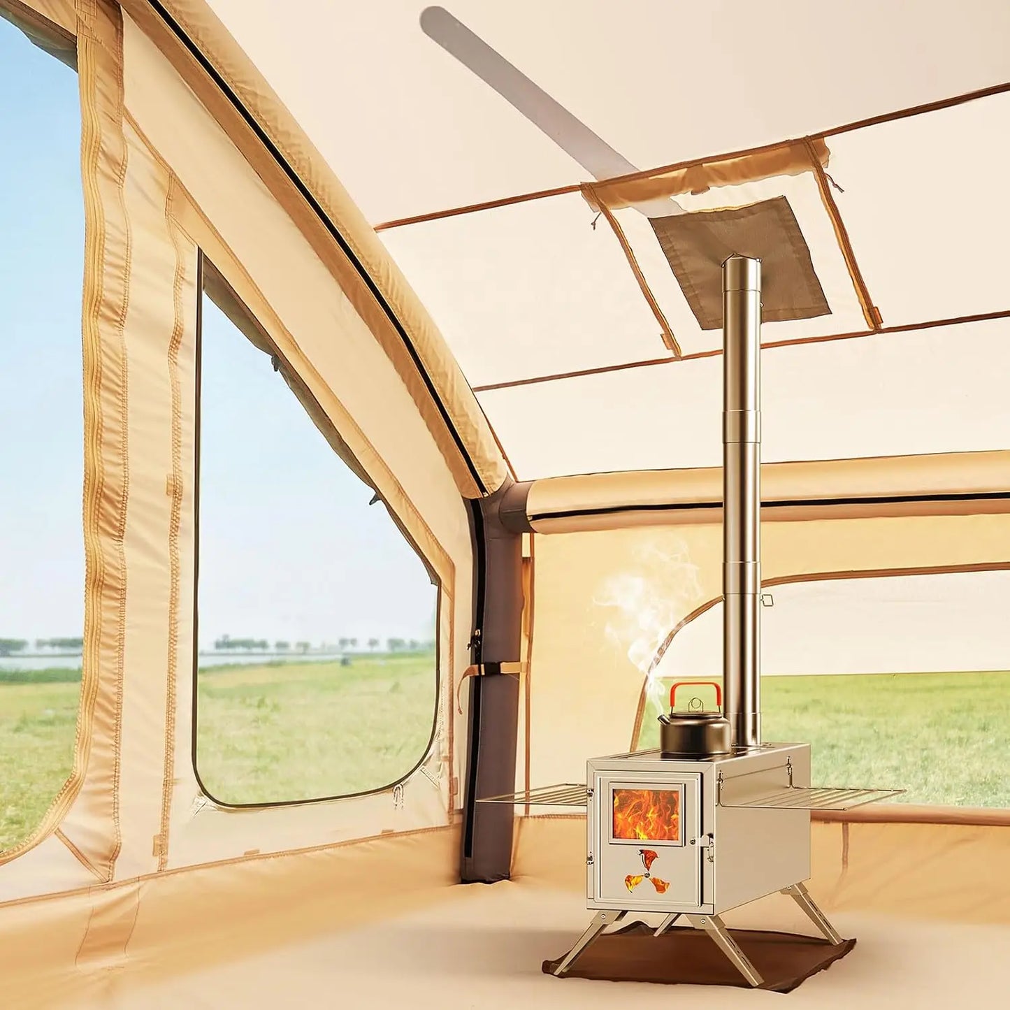 Inflatable Camping Tent 1-6 Person, Large Inflatable Camping Tent with Stove Jack, with Skylight and Double Doors, Outdoor Tent