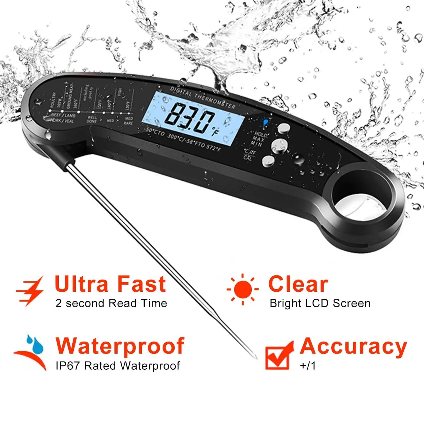 Digital Instant Read Food Thermometer Backlight LCD Display Calibration Function Built-in Bottle Opener for Grilling BBQ Turkey