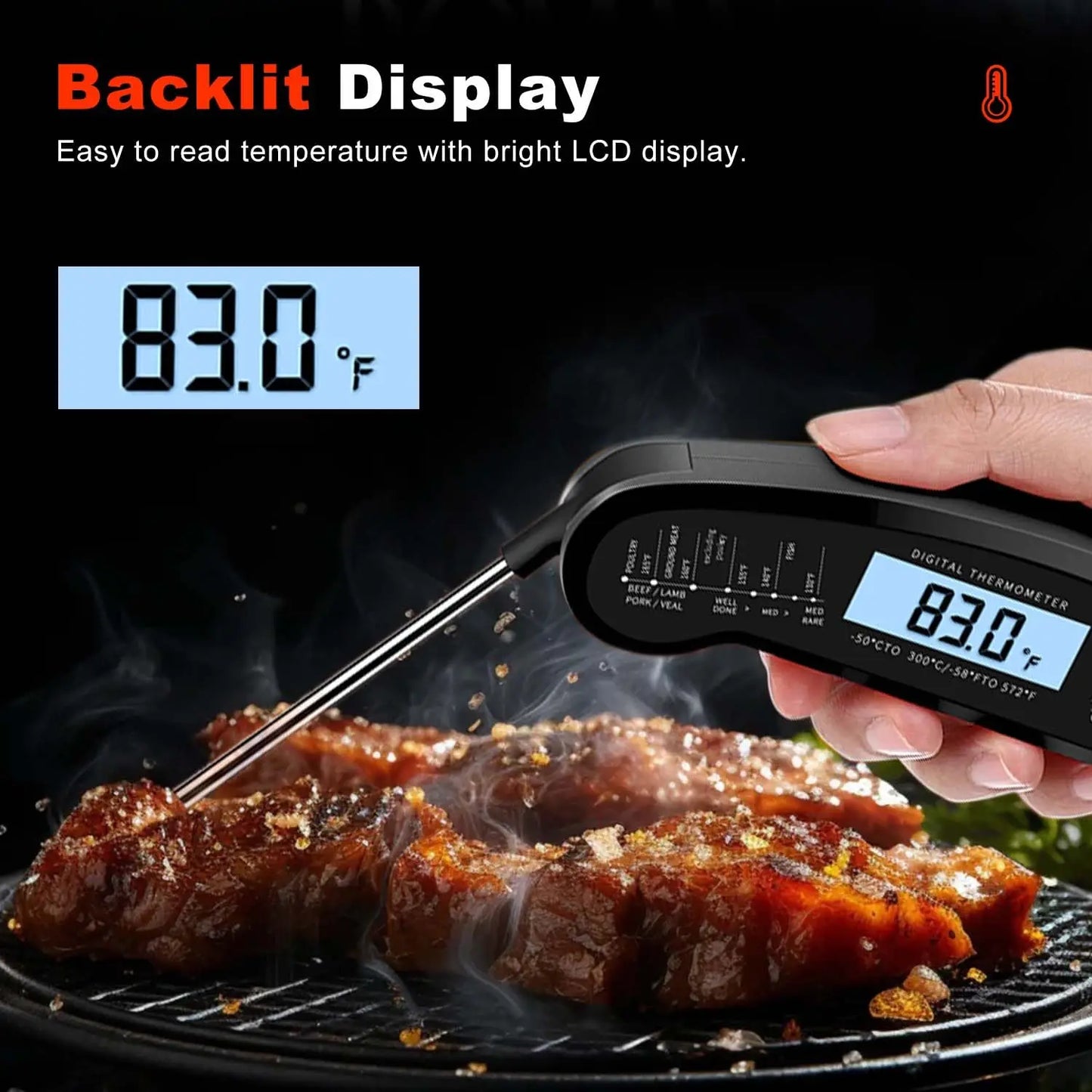 Digital Instant Read Food Thermometer Backlight LCD Display Calibration Function Built-in Bottle Opener for Grilling BBQ Turkey