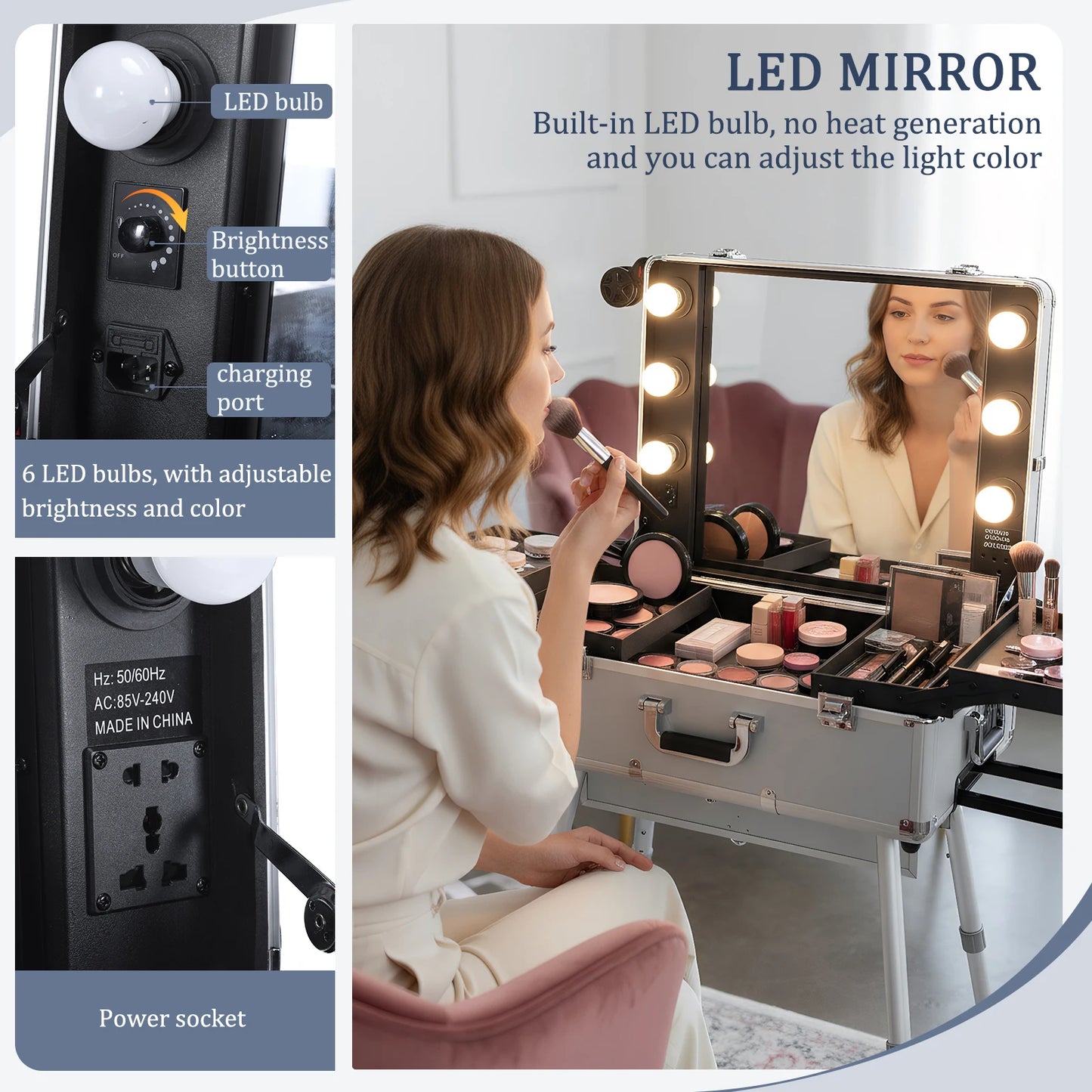 Rolling Professional Makeup Organizer Case With Mirror Lights And Wheels