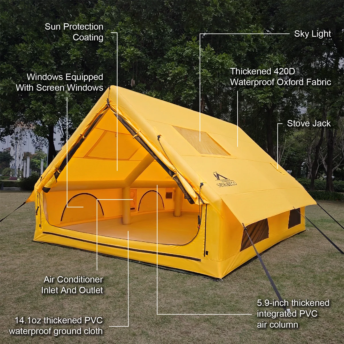 Easy Setup 129 Sq Ft Inflatable Camping Tent Waterproof Oxford Air Tent House with Pump 4 Season Family Glamping Tent