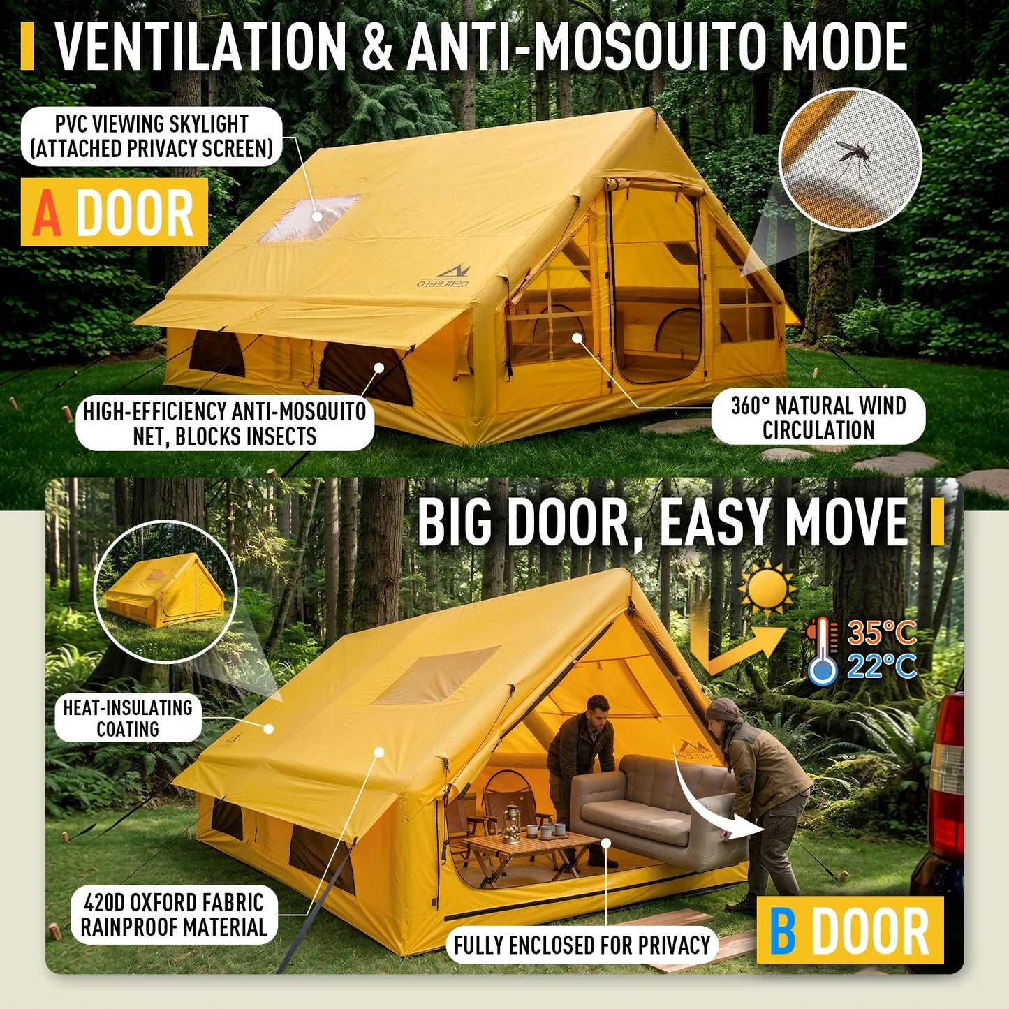 Easy Setup 129 Sq Ft Inflatable Camping Tent Waterproof Oxford Air Tent House with Pump 4 Season Family Glamping Tent