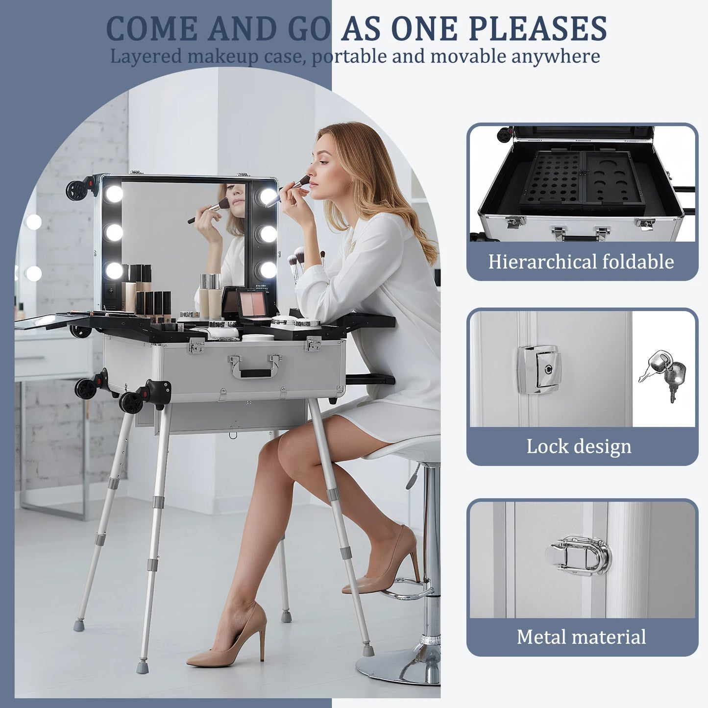 Rolling Professional Makeup Organizer Case With Mirror Lights And Wheels